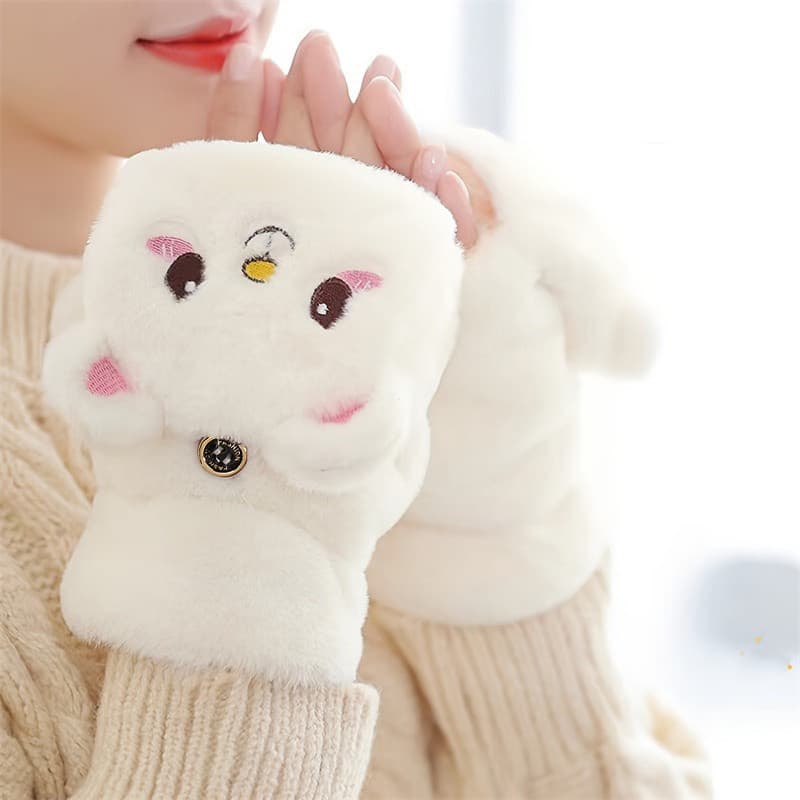 2026 Novo 1 Par Moda Feminina Luva Quente De Pelúcia Dos Desenhos Animados Impresso Luvas Flip Sem Dedos Macio Meninas G