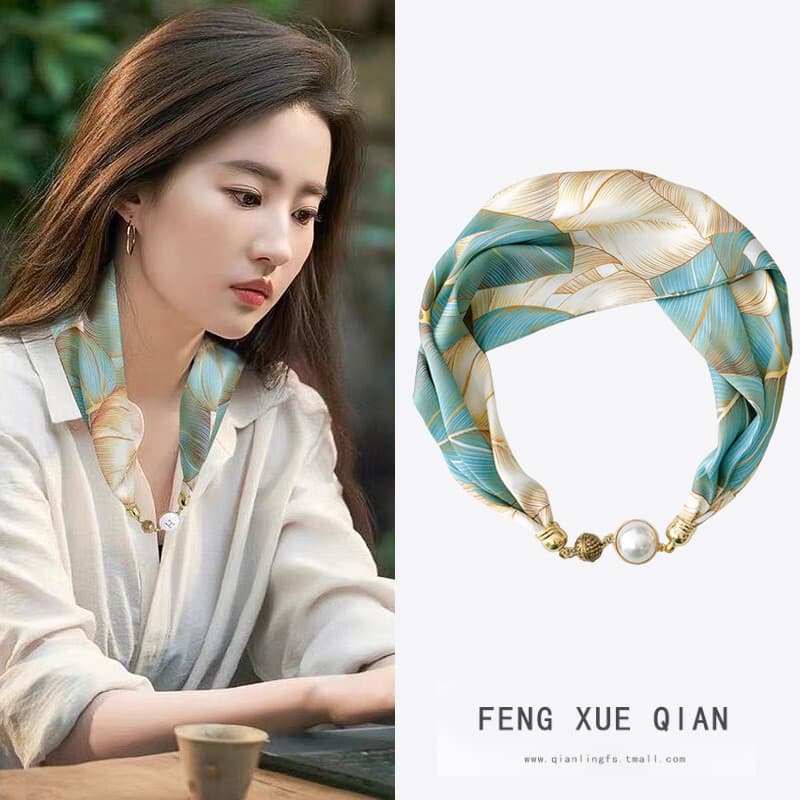 Nova pérola fivela magnética longo colar pequeno lenço de seda feminino simples verão decorativo cachecol primavera outo