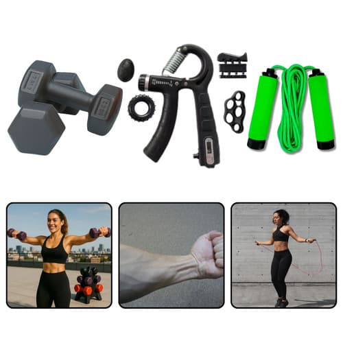 Kit Fitness Treino Em Casa Com 2 Pesos 1kg Corda Pular Hand Grip Academia Funcional