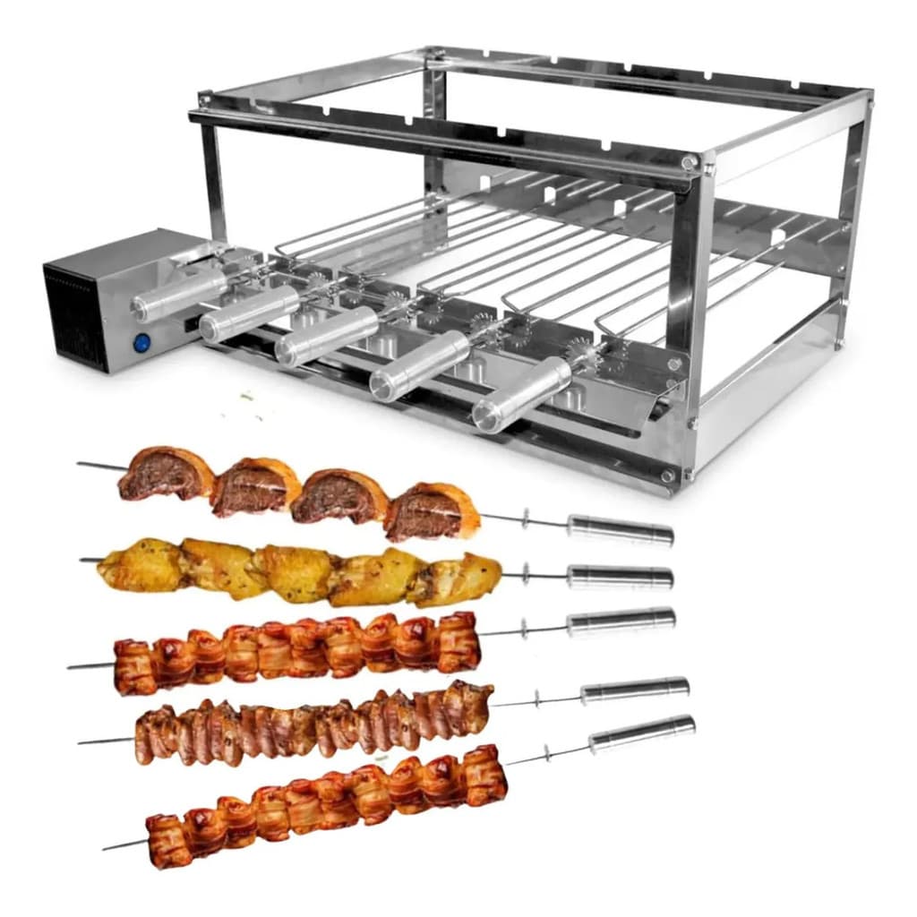 Churrasqueira Inox 430 Grill 5 Espeto Giratório Motor Bivolt Carne Frango Profissional
