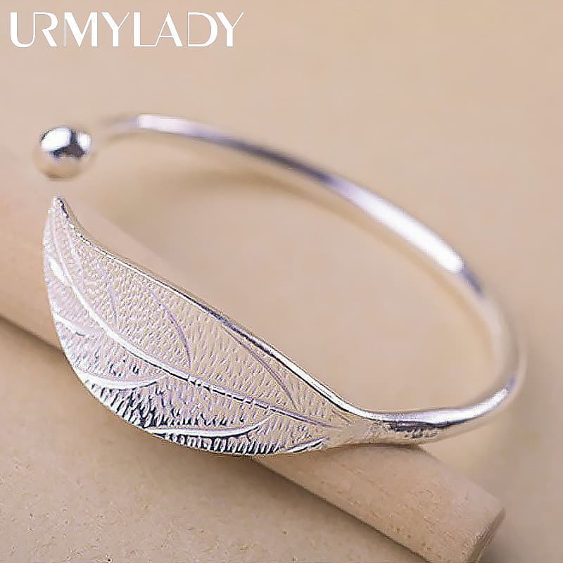 URMYLADY 925 Sterling Silver Woman Cuff Bracelet Pulseira De Prata Aberta Em Forma De Folha Ajustável Jóias De Encanto B