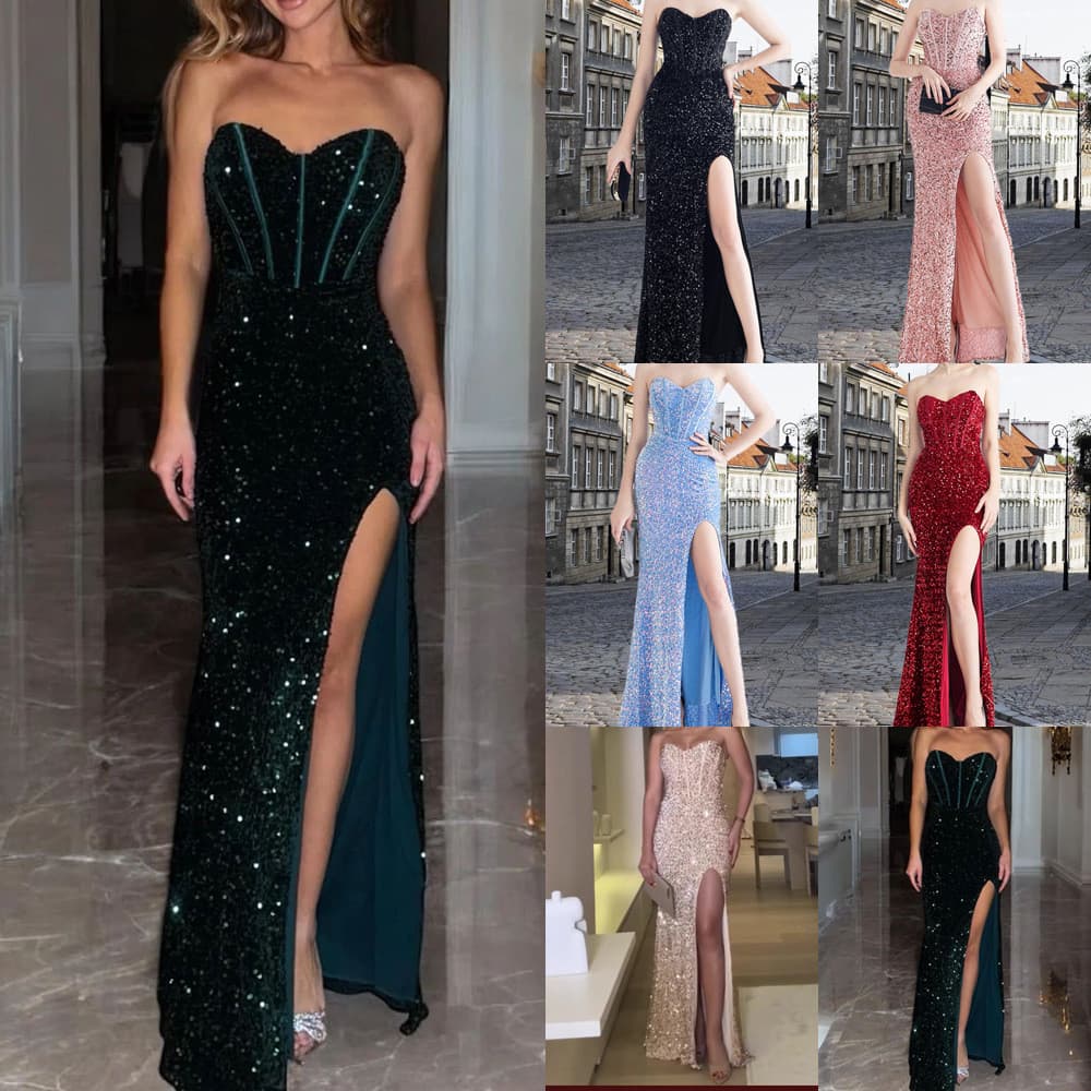 Nova Chegada Primavera 2025: Vestido de Noite Estilo Corset com Lantejoulas Iridescentes, Amarração nas Costas e Fenda L