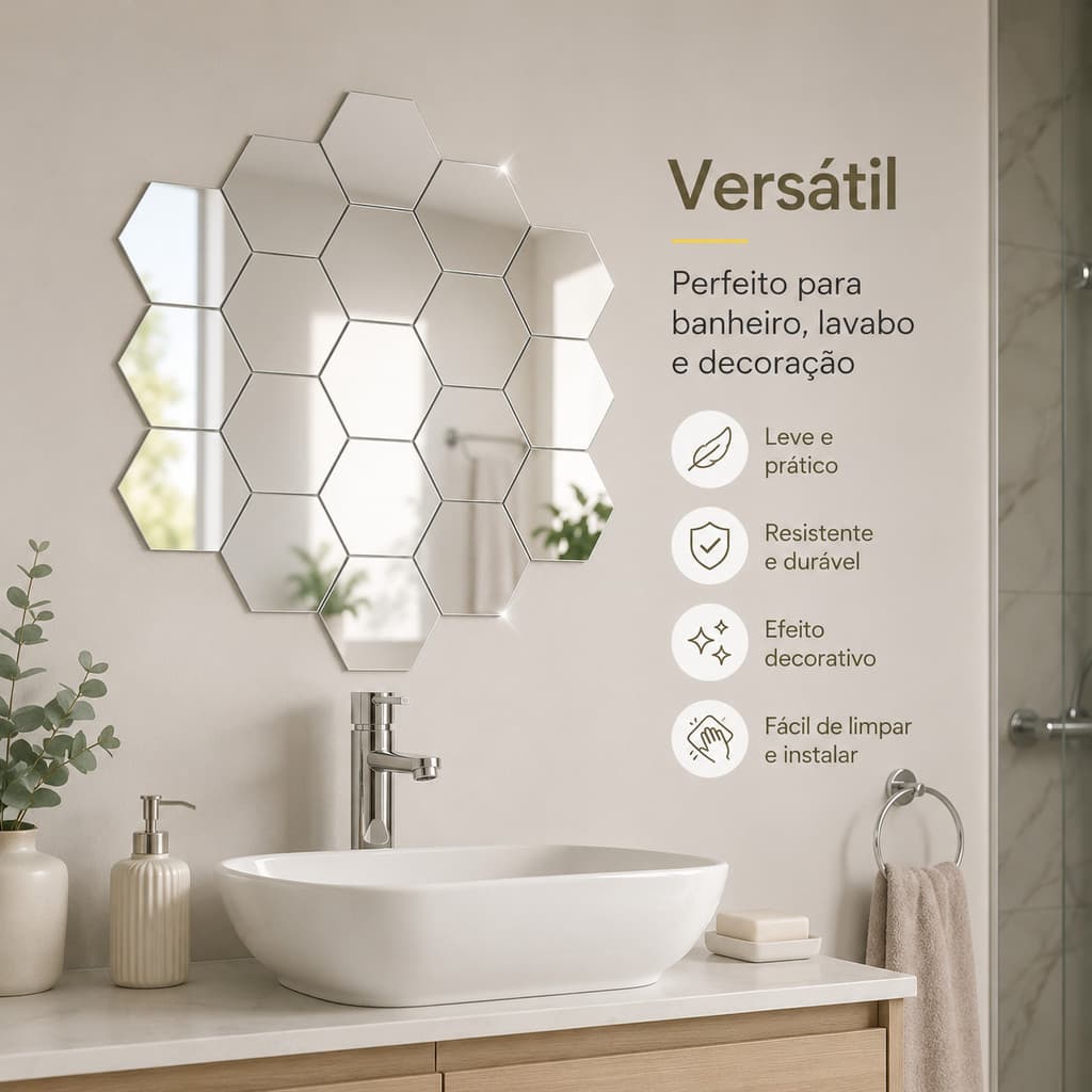 Adesivo Espelhado Hexagonal para Parede 10 Peças Acrílico Decorativo Fácil Instalação