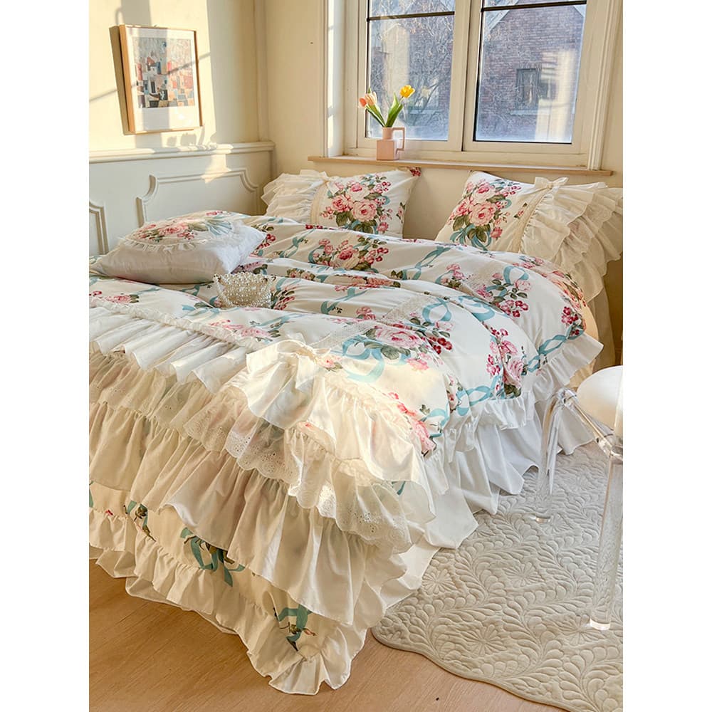 Estilo Retro renda plissada cama conjunto de quatro peças saia estilo único colcha capa puro algodão puro renda francesa