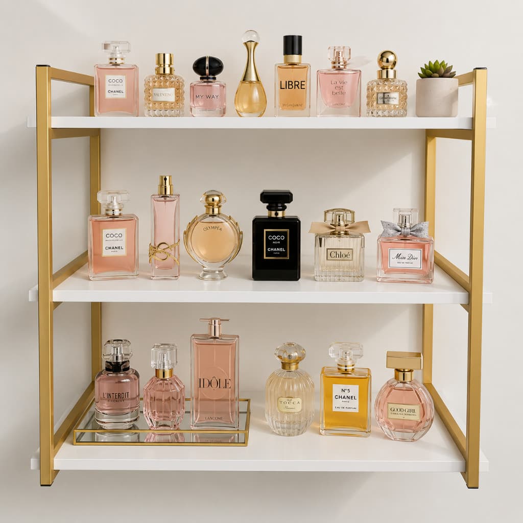 Porta Perfume Suspenso Luxo MDF Estrutura Metalon Premium Penteadeira Closet