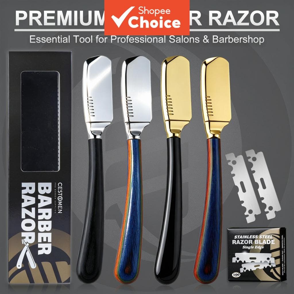 Cabo de Madeira Barbeiro Navalha Reta em Aço Inoxidável, Modelador de Barba Manual com Porta-Lâmina para Barbear e 100