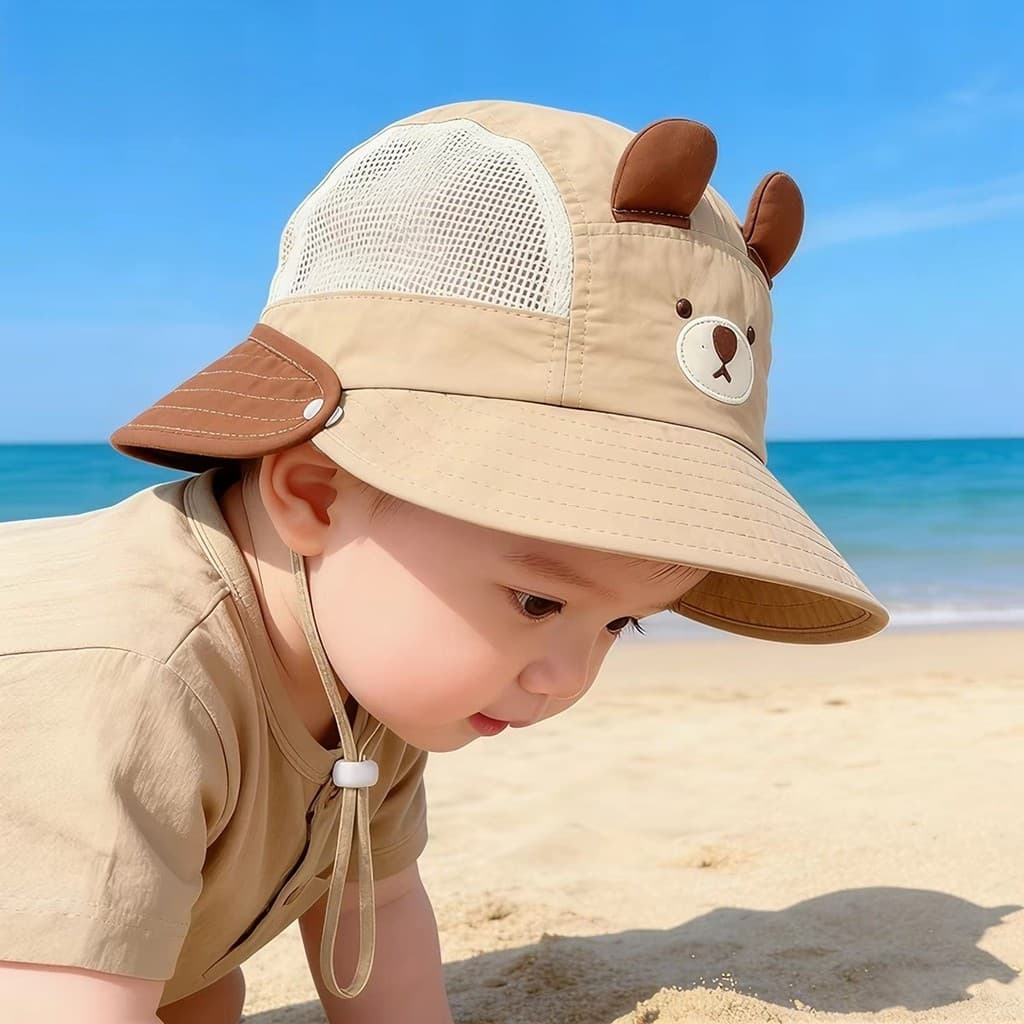 Chapéu de bebê verão chapéu de sol balde chapéu meninos meninas bebê urso redes aba grande destacável xale crianças resp