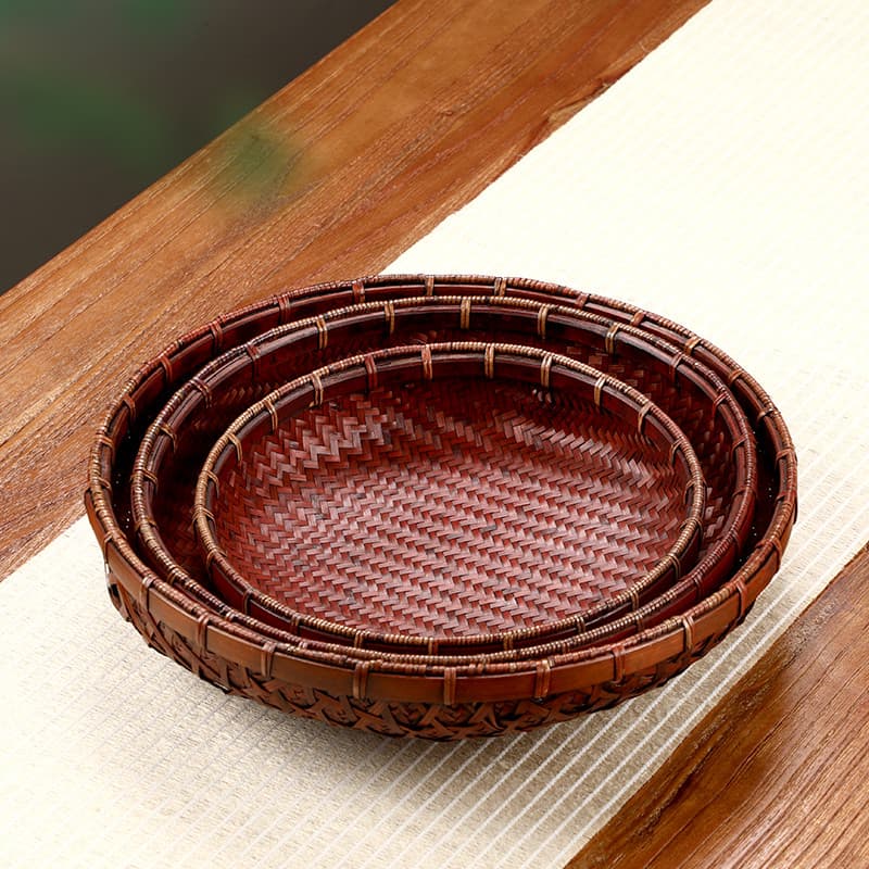 Cesta de frutas tecida de bambu retrô feita à mão, cesta de bambu redonda antiga chinesa, lanches domésticos, cesta de a