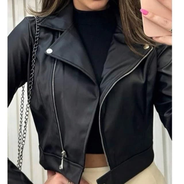 Jaqueta De Couro Sintetico Feminina Com Ziper Inverno Elegante