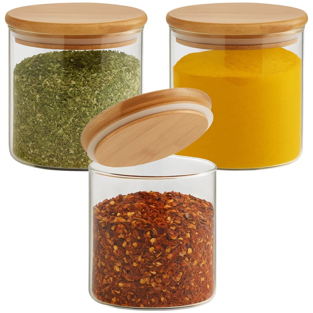 3 Potes de Vidro Tempero Hermético 450ml Tampa Bambu Cozinha