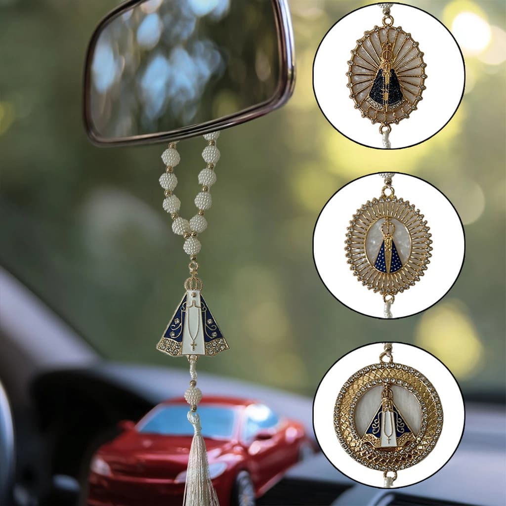Nossa Senhora Aparecida – Pingente Religioso 25cm em Metal com Pérolas e Zircônias – Para Retrovisor, Casa e Presente