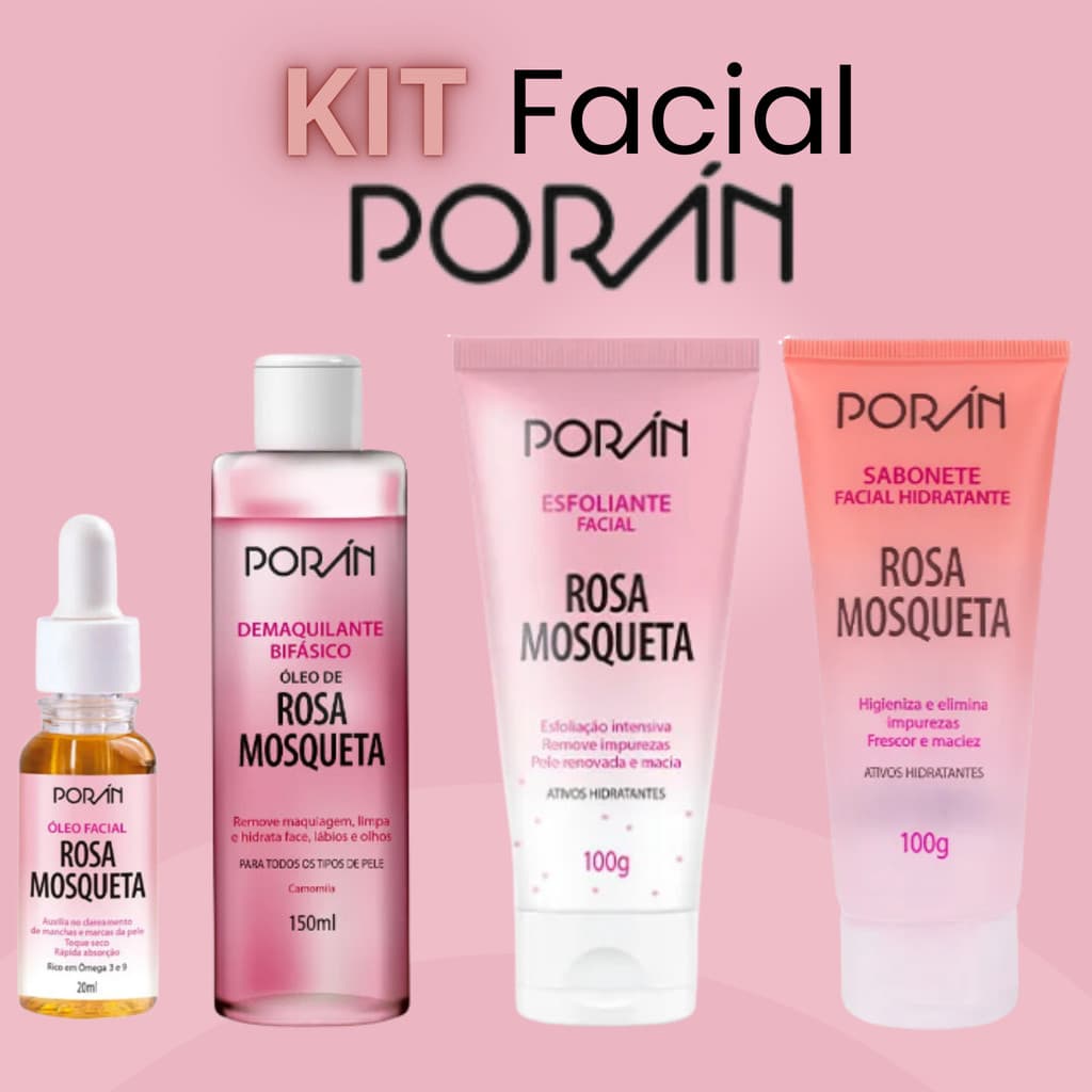 Kit SkinCare Rosa Mosqueta Facial Vegano Poran Rotina de Cuidados