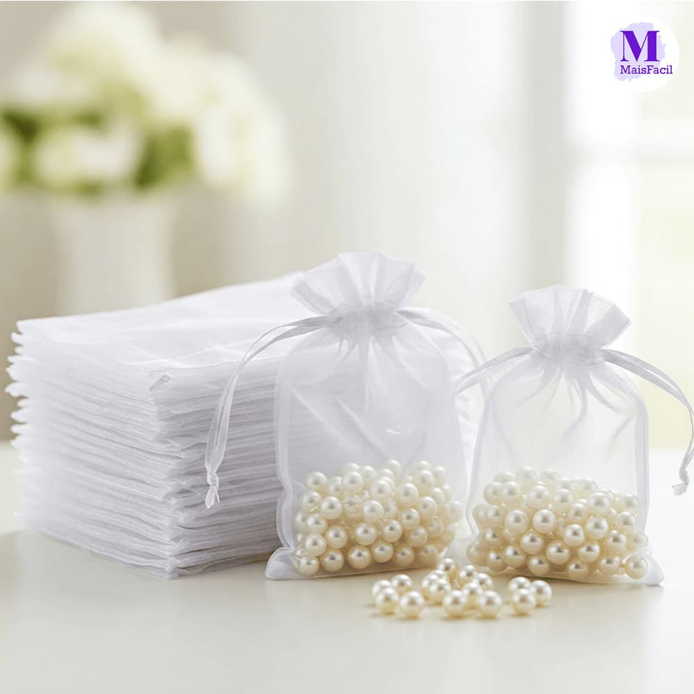 Kit 10/20/50/100 Saquinhos de Tule 7x9 9x12 10x15 Branco para Lembrancinhas