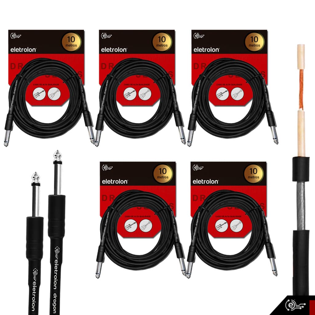 Kit 5 Cabo P10 P10 Mono P/ Violão Guitarra Baixo 10m Metros - Eletrolon