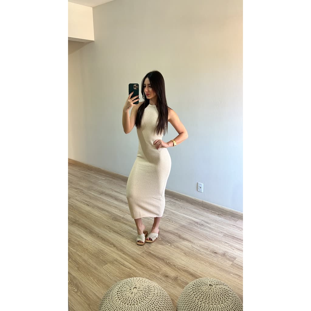 Vestido Midi Frente Única Amarração Pescoço Tricot Verão