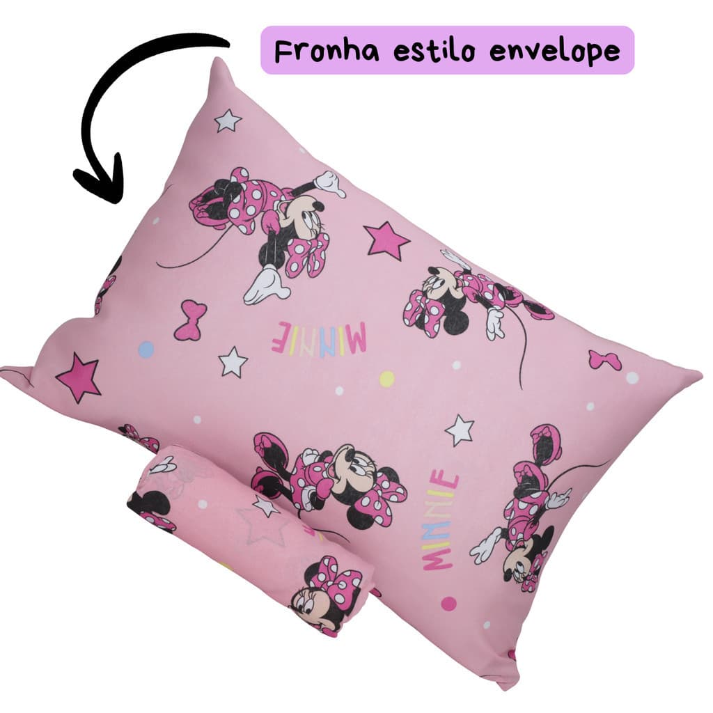 Jogo de Cama Solteiro Infantil com Elástico 2 Peças Disney Minnie Rosa com Estrelas
