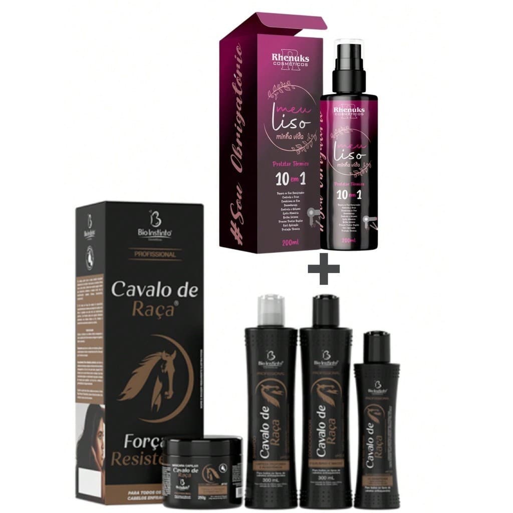 Kit Cavalo de Raça c/ 5 Itens Hidratação Profunda Crescimento dos Cabelos e Spray Térmico Meu Liso Repara Fios