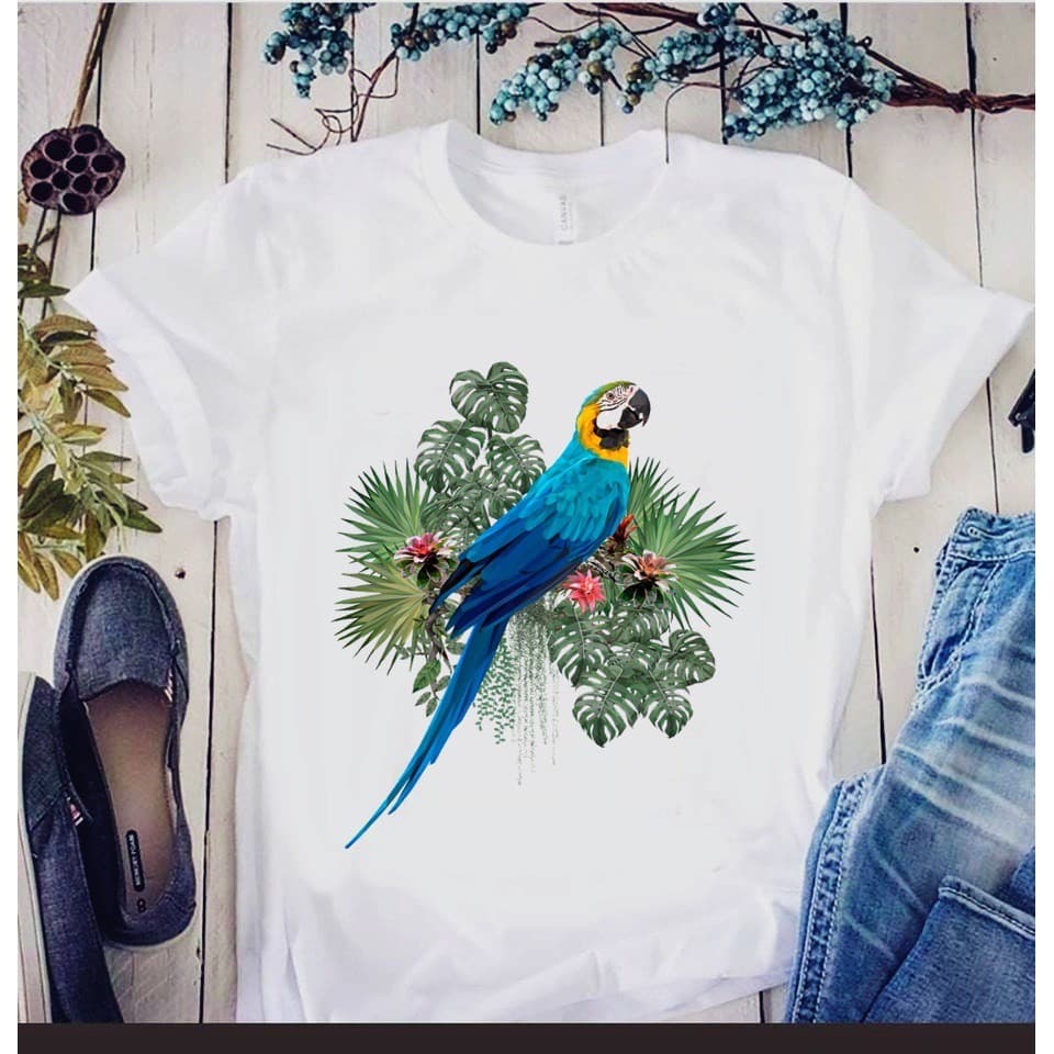 Camiseta Feminina Estampa Pássaro Arara Tropical - Camisa de Malha 100% Algodão - Envio Imediato - NB the Shirt