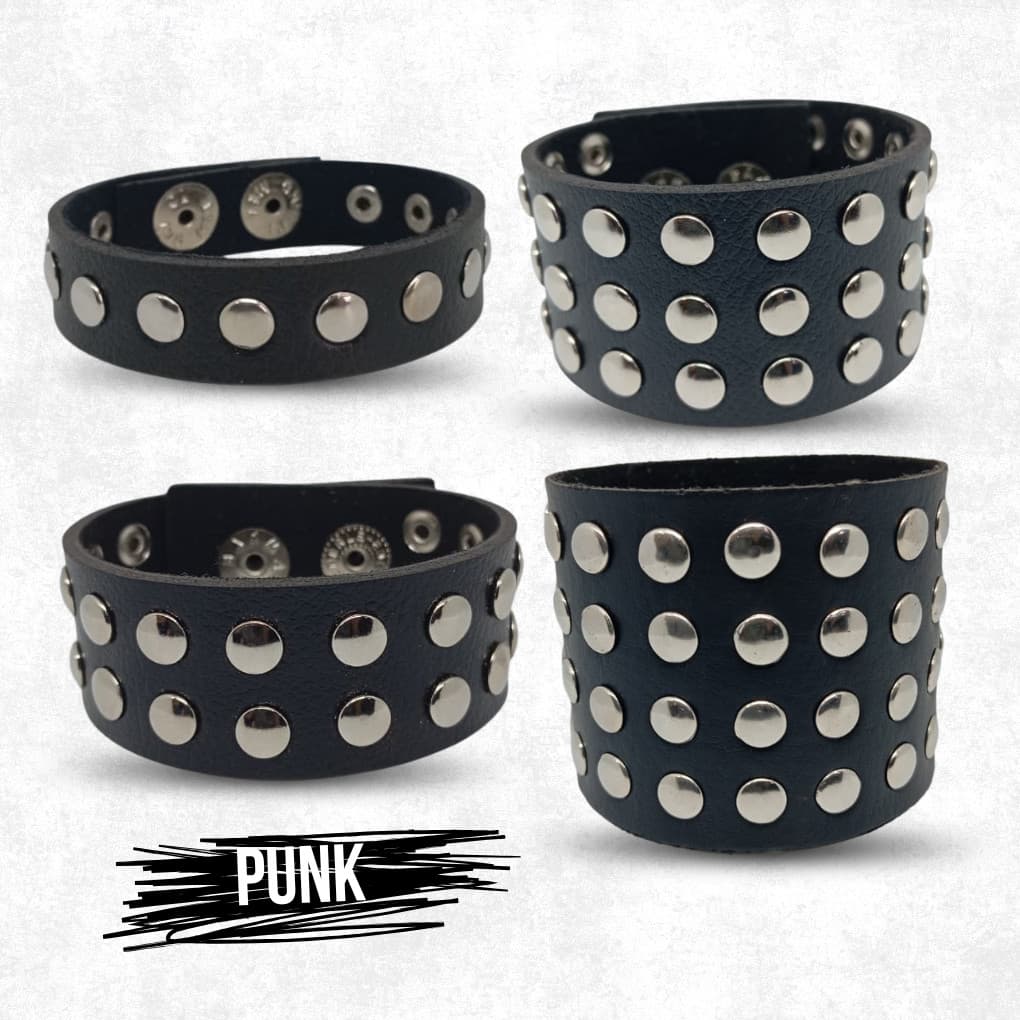 Pulseira Bracelete Couro de Rebites e Tachas Redondas Punk Rock Emo | Festa Hip Hop