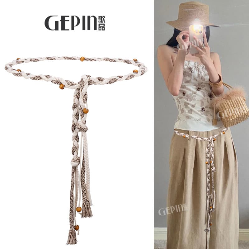 Corda de cintura trançada retrô com Jeans casuais, acessórios de saia decorativa, cinto fino boêmio