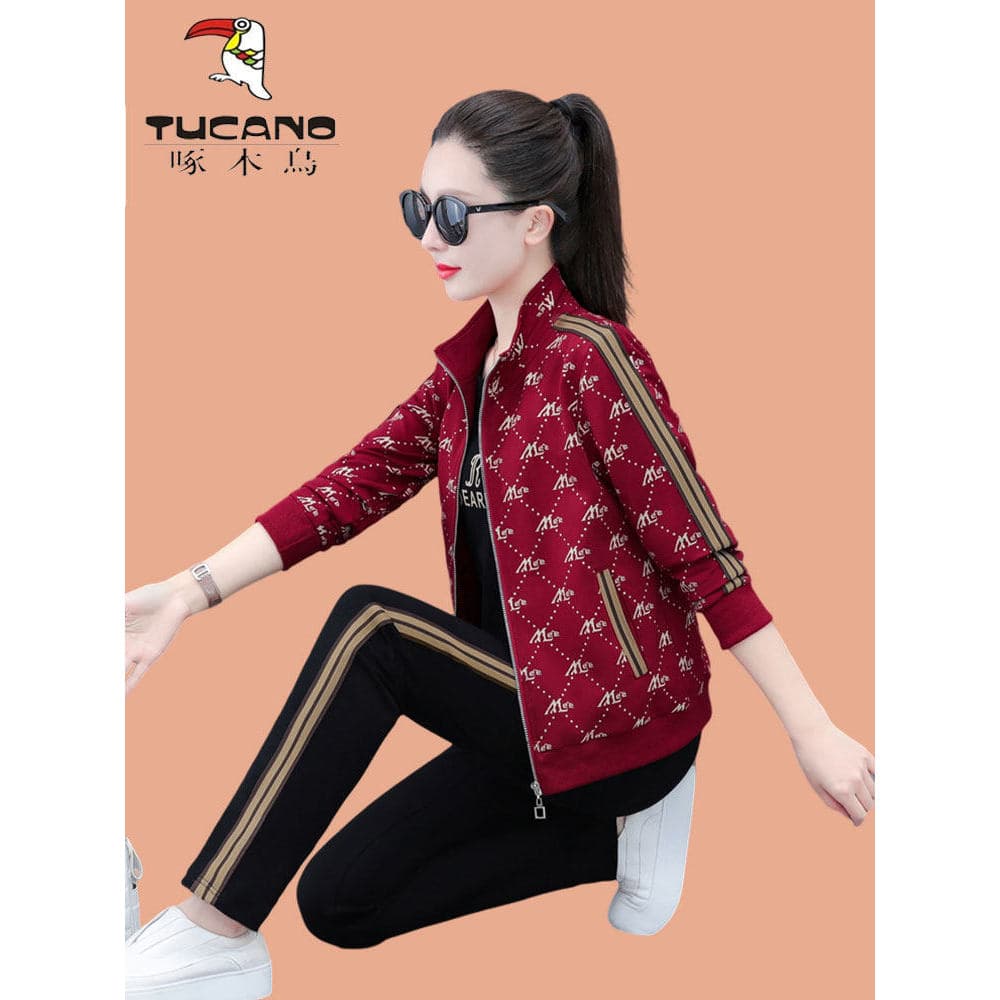 Woodpecker marca terno esportivo feminino primavera outono de meia-idade Cardigan quadrado dança grupo compra Casual cor