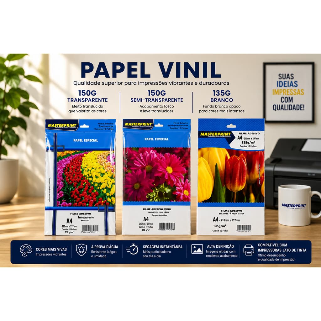 Vinil Adesivo  A4  Para Personalização 135g Branco, 150G Transparente, 150g Semi-Transparente Kit 10 Folhas