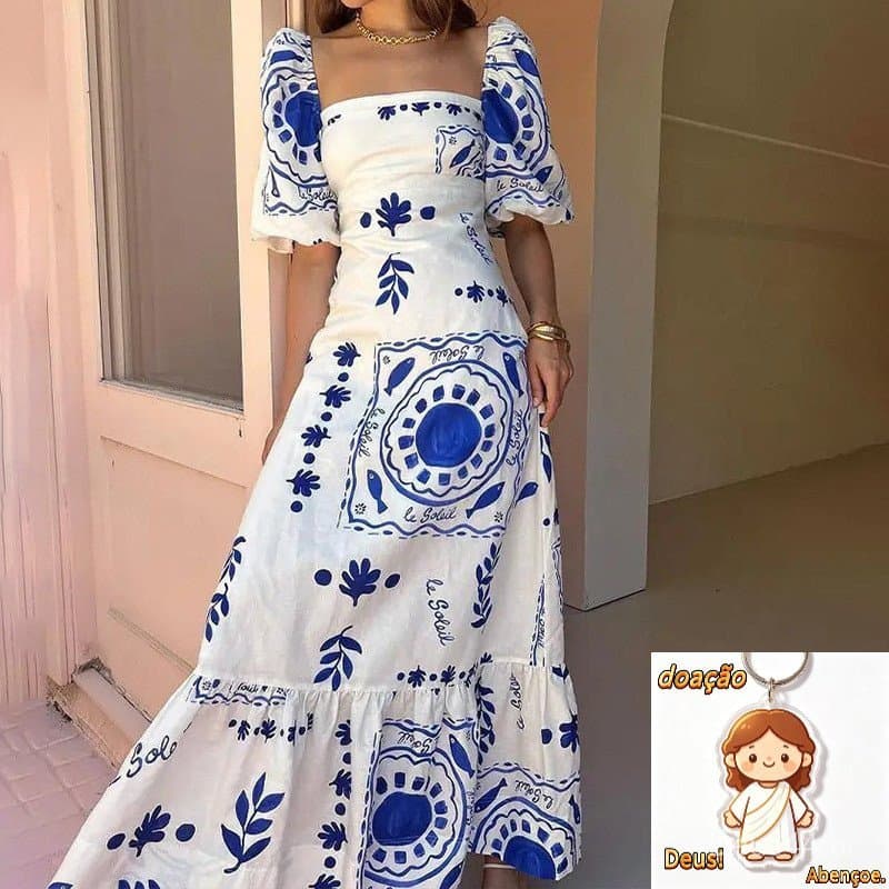 Mulher temperamento elegante e elegante moda estampa lanterna de gola quadrada vestido de manga curta A palavra (28338)