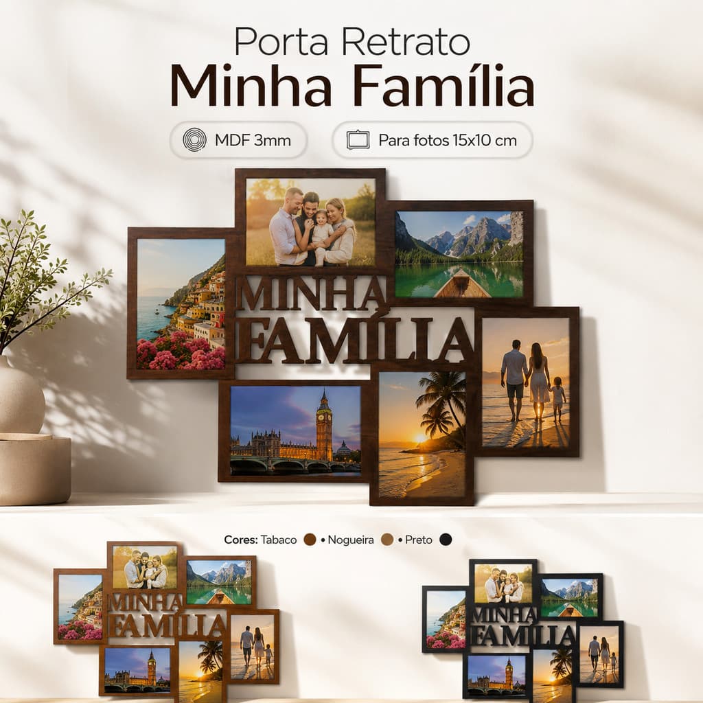 Porta Retrato Minha Família MDF Decorativo Parede 6 Fotos 15x10 Sala Quarto