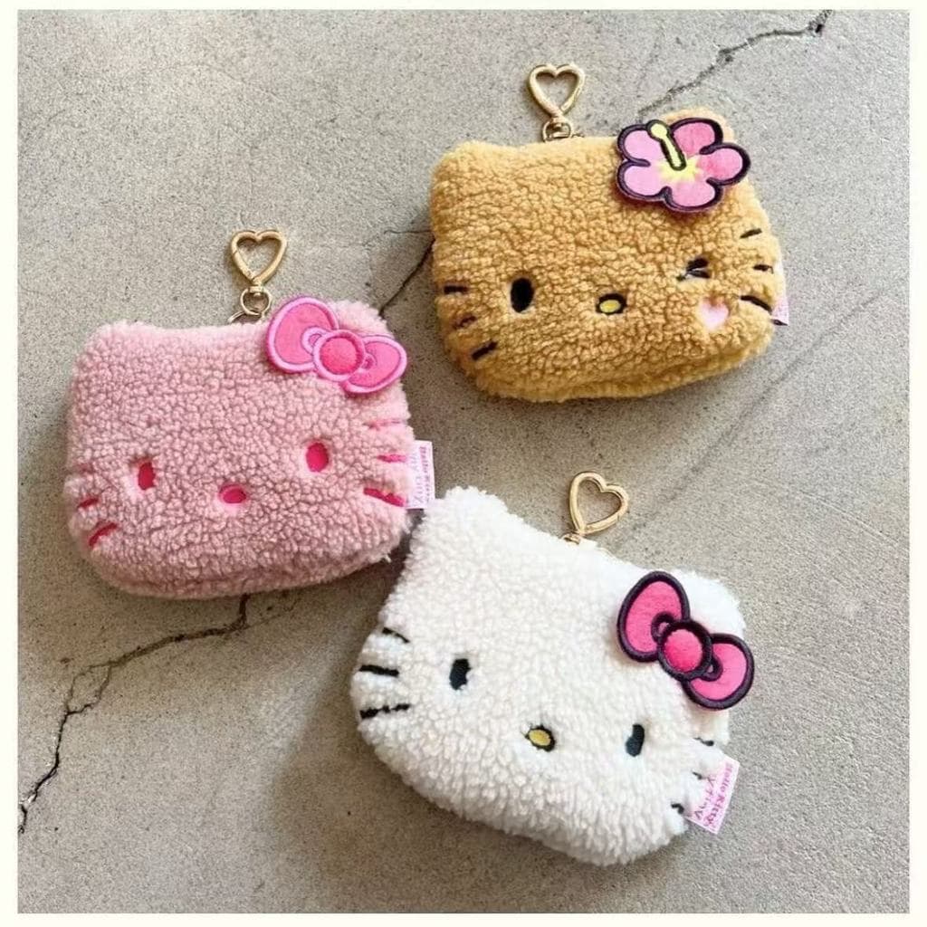 Japonês dos desenhos animados kitty bolsa de moedas de pelúcia bonito menina couro preto leopardo impressão coração five