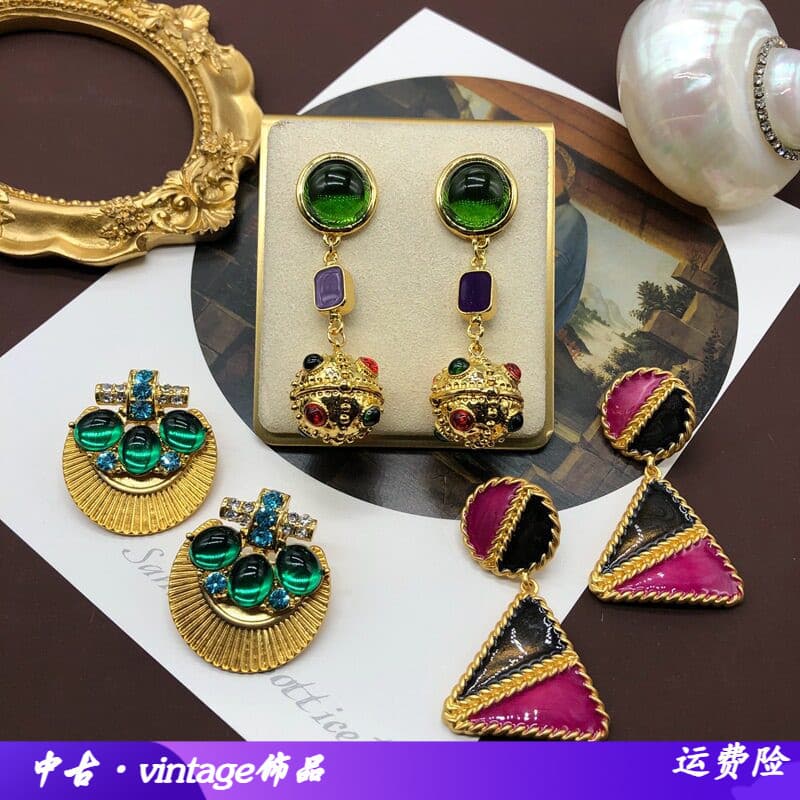 Medieval ocidental colorido vitrificado prata agulha brincos clipes de orelha Real banhado a ouro contraste cor gota esm