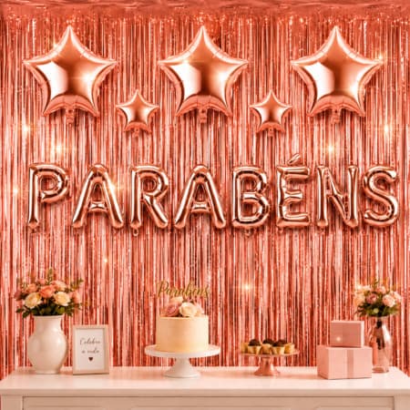 Kit Decoração Parabéns rosé, com 2 Cortinas, Balões, Festas, Aniversários