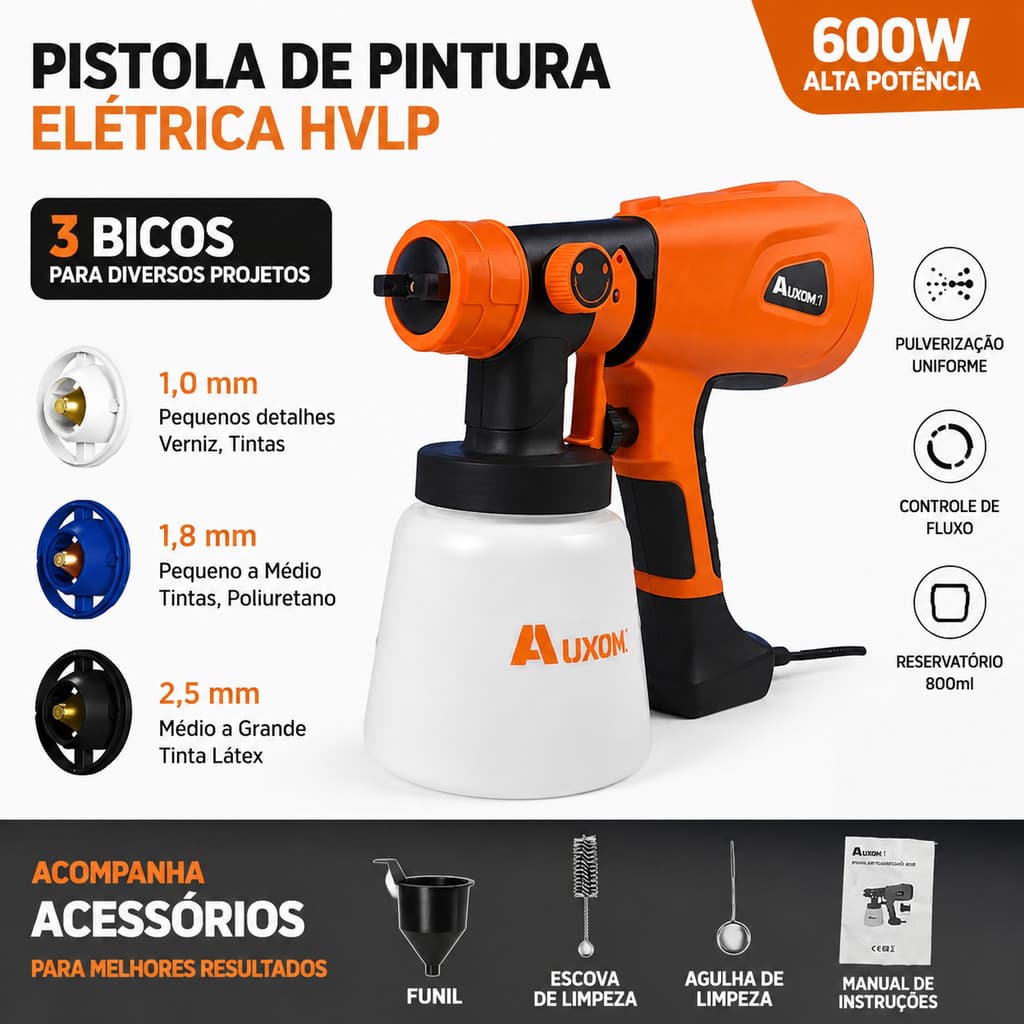 Pistola de Pintura Elétrica 600W Pulverizador para Parede Móveis e Madeira Bivolt 110V/220V