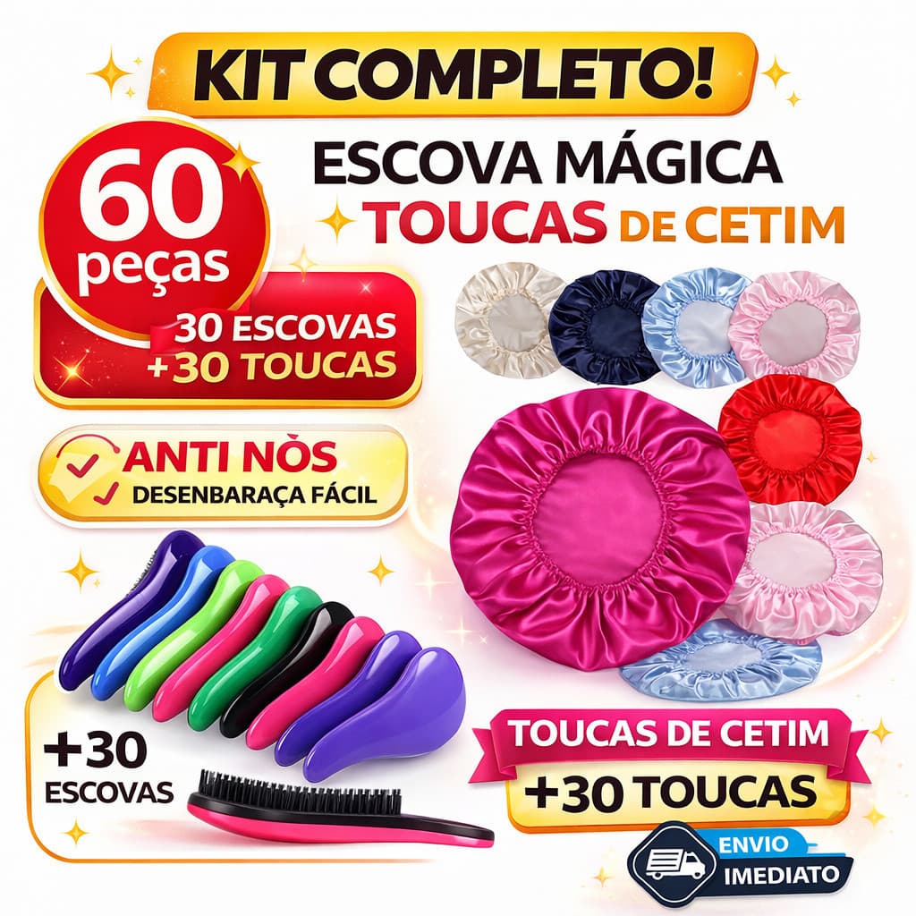 KIT COM 30 Escovas Mágica + 30 Toucas Anti Frizz, Escolha sua Cor Preferida