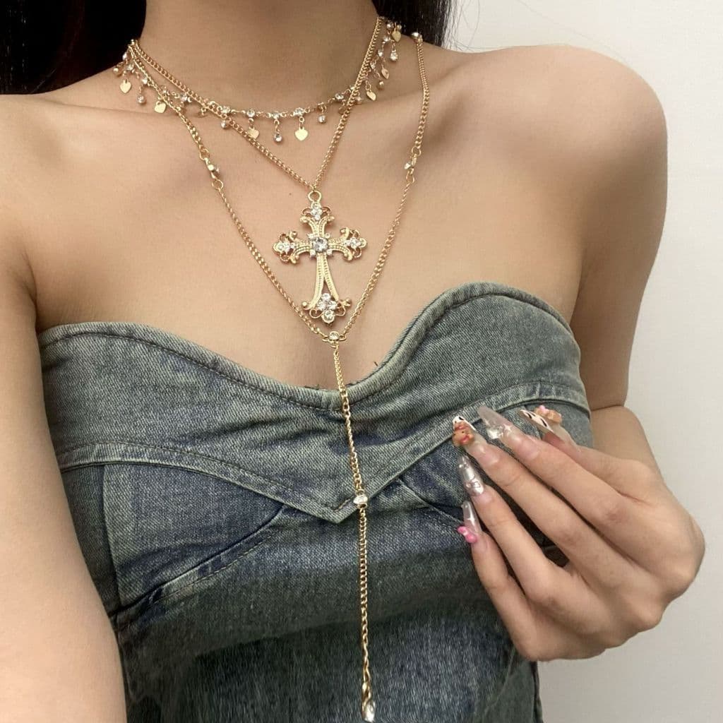 Retro Dupla Camada 18k Ouro Zircão Cristal De Aço Inoxidável Cruz Pingente Colar Camisola Corrente Jóias Presente Do Fer