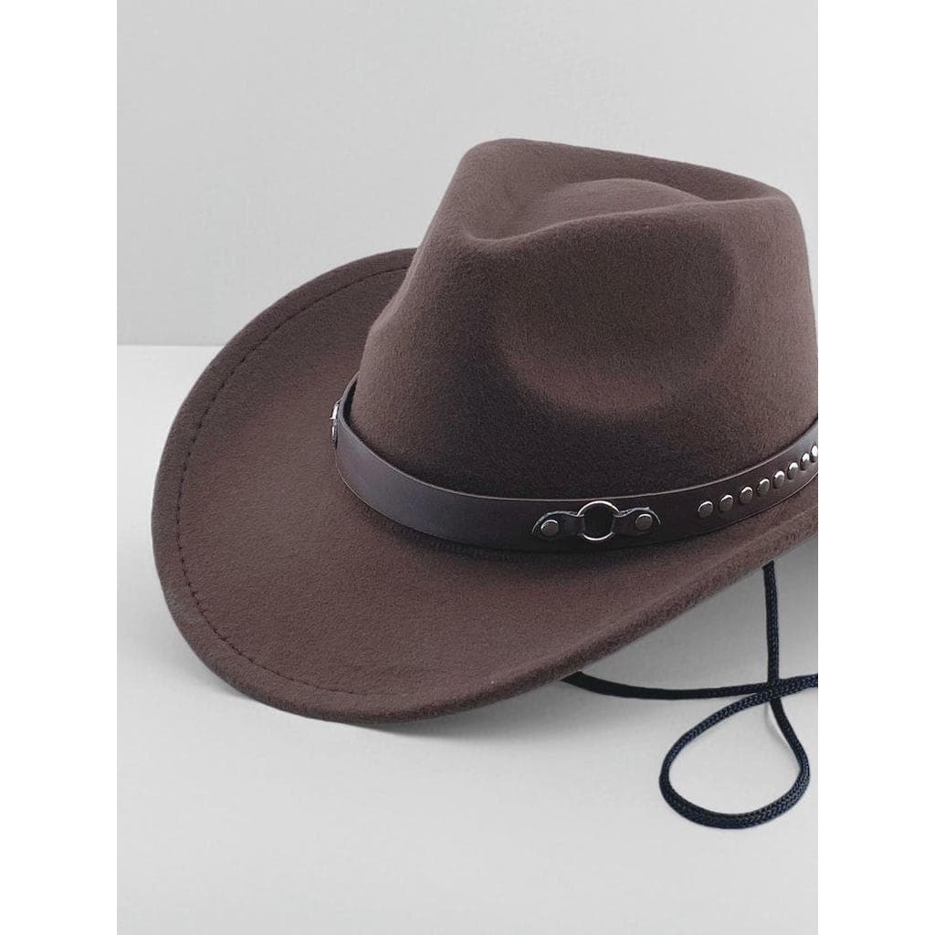 Venda quente cabeça de touro rebites aba curva Jazz chapéu cinta à prova de vento corda chapéu de feltro equitação ao ar