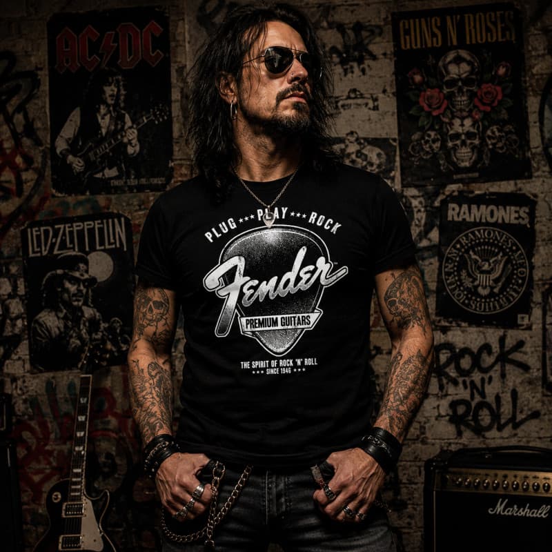 Camiseta Fender Plug Play Guitarra Camisa algodão premium Rock Guitarrista Palheta