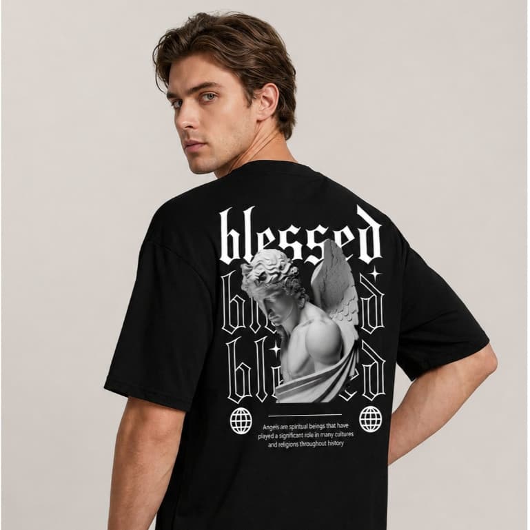 Camiseta Blessed Angels Streetwear Frente e Costas Estátua Grega Gótica 100% Algodão Unissex