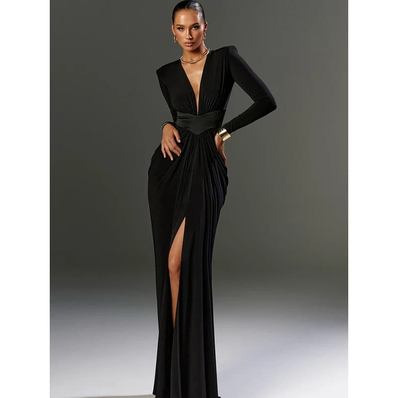 Vestido Elegante Feminino Nibber com Decote em V Profundo, Mangas Longas, Fendas Altas, em Tecido Sólido, Clássico, Prem