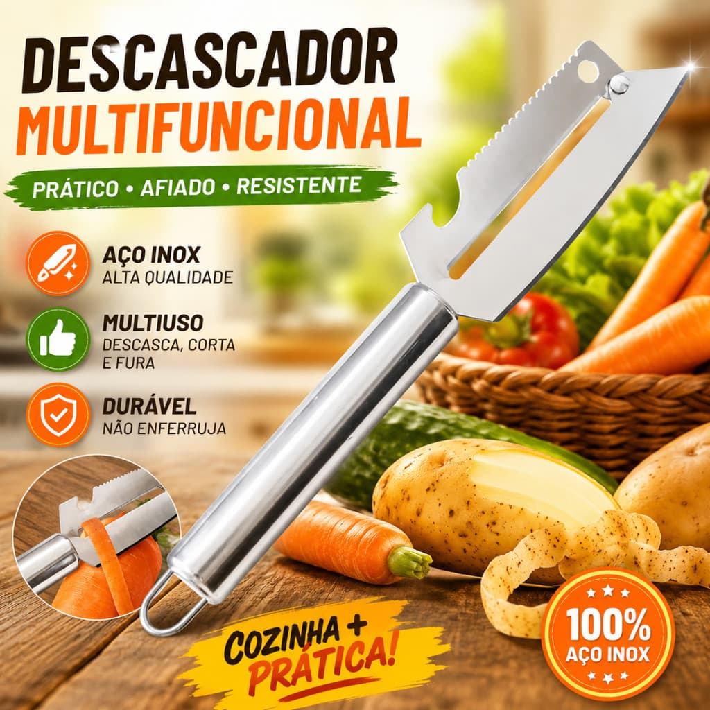 Descascador de Legumes Multifuncional em Aço Inox Descasca Corta Abre Garrafas Descamador de Peixes