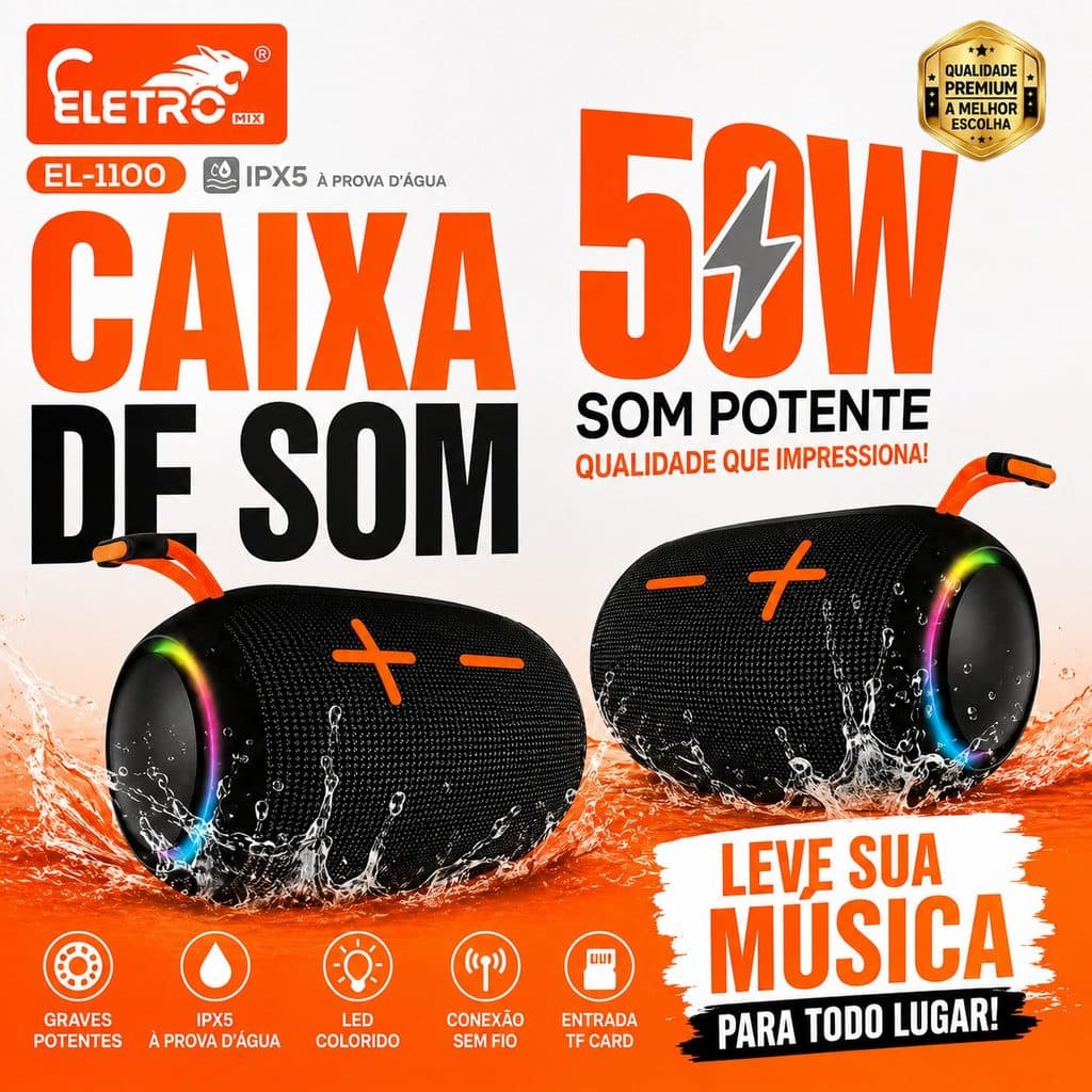 Caixa de Som Bluetooth EL-1100 50W IPX5 À Prova d’Água com LED Colorido e Som Potente