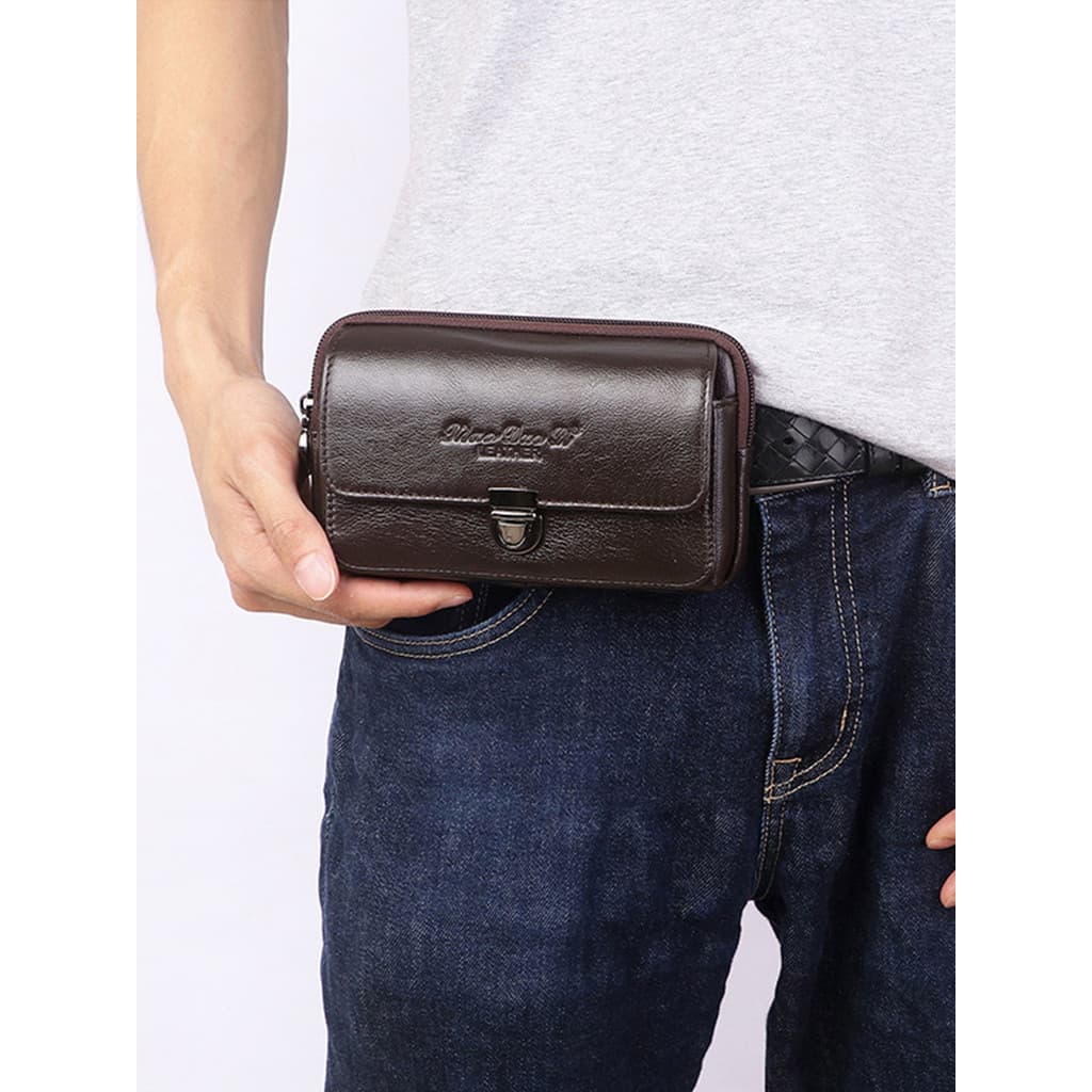 Bolsa masculina de couro de primeira camada para celular, novo estilo, cinto de uso multifuncional, bolsa de cintura par