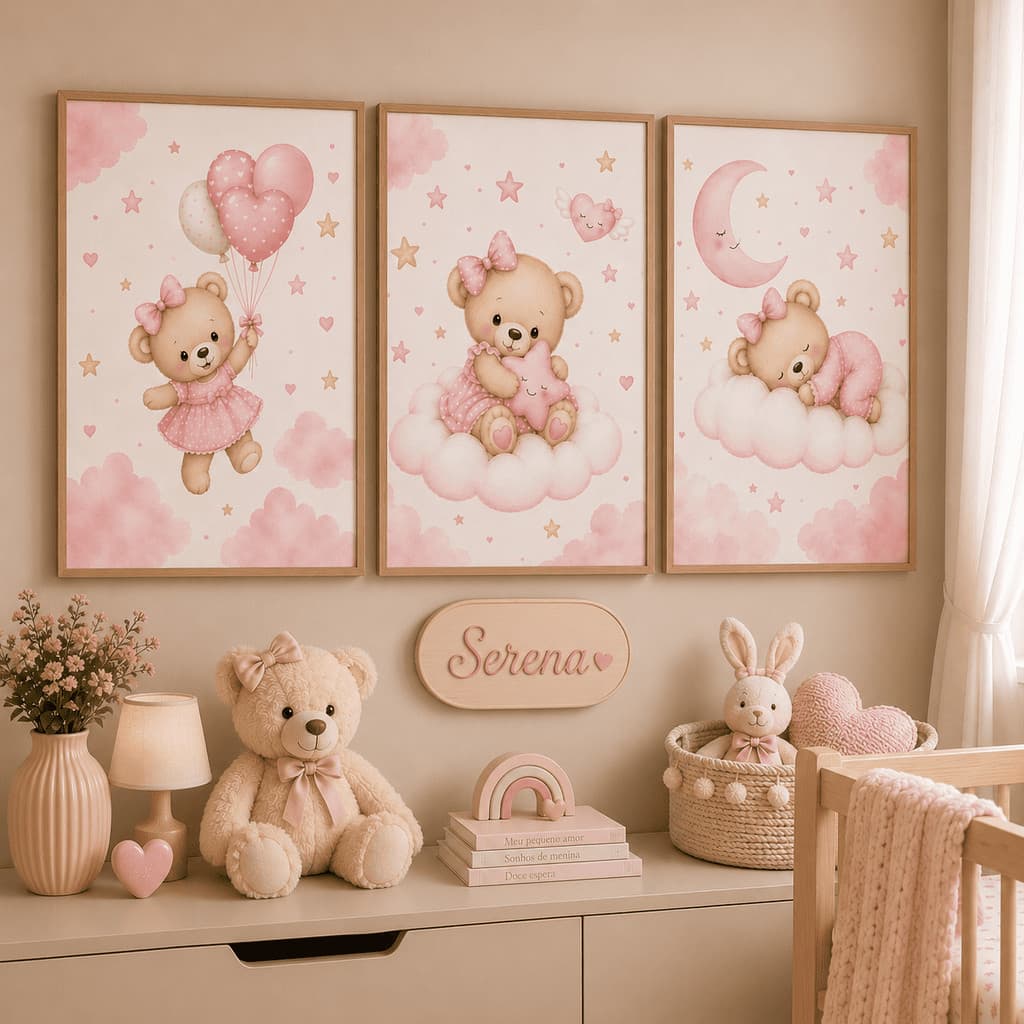3 Kit Quadros Adesivados de Parede Ursinha Rosa Baby Quarto Bebê
