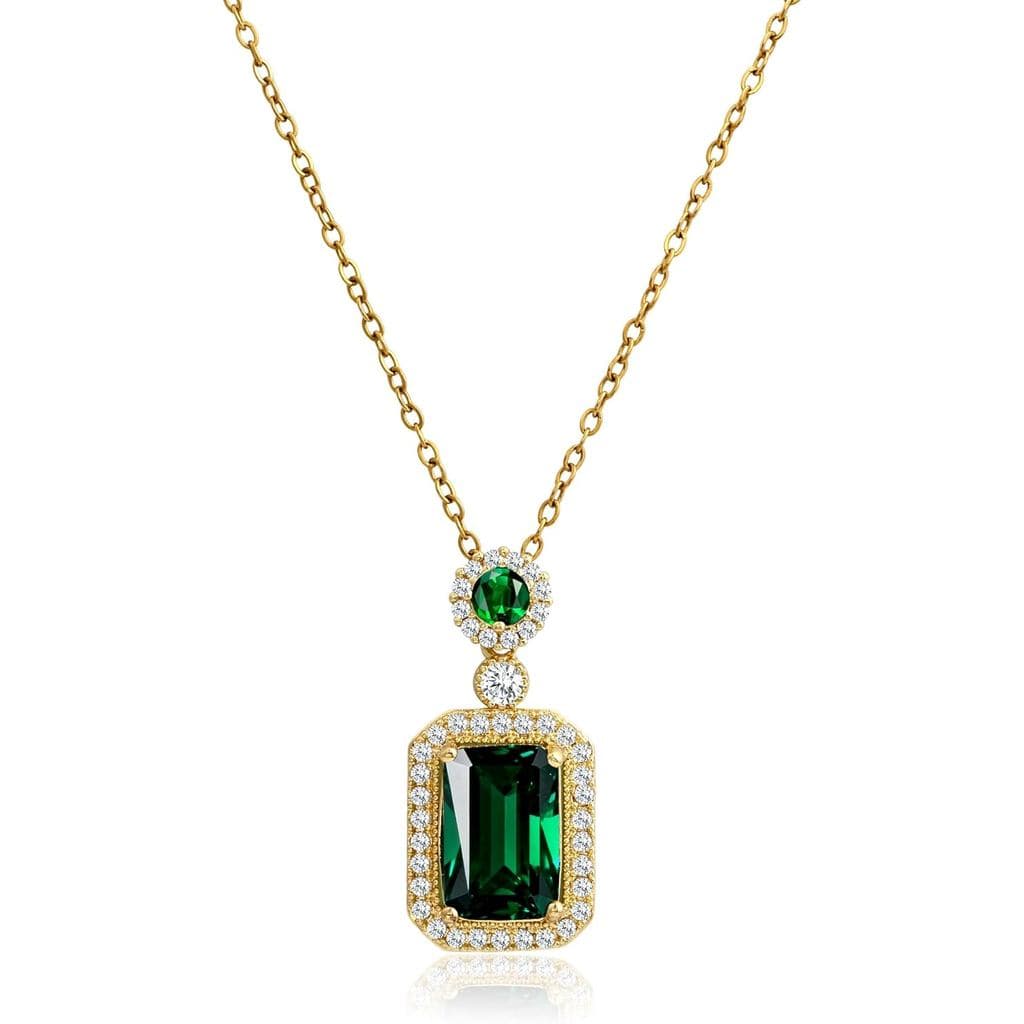 Colar com Pingente Redondo e Quadrado de Cristal Verde Esmeralda Banhado a Ouro 14k, Pedra de Nascimento de Maio, Zircôn