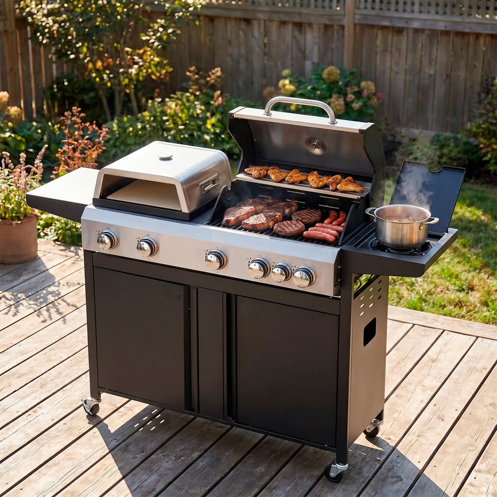 Churrasqueira A Gás 5 Queimadores Completa Grande Com Fogão Lateral E Forno Premium sem Fumaça Top