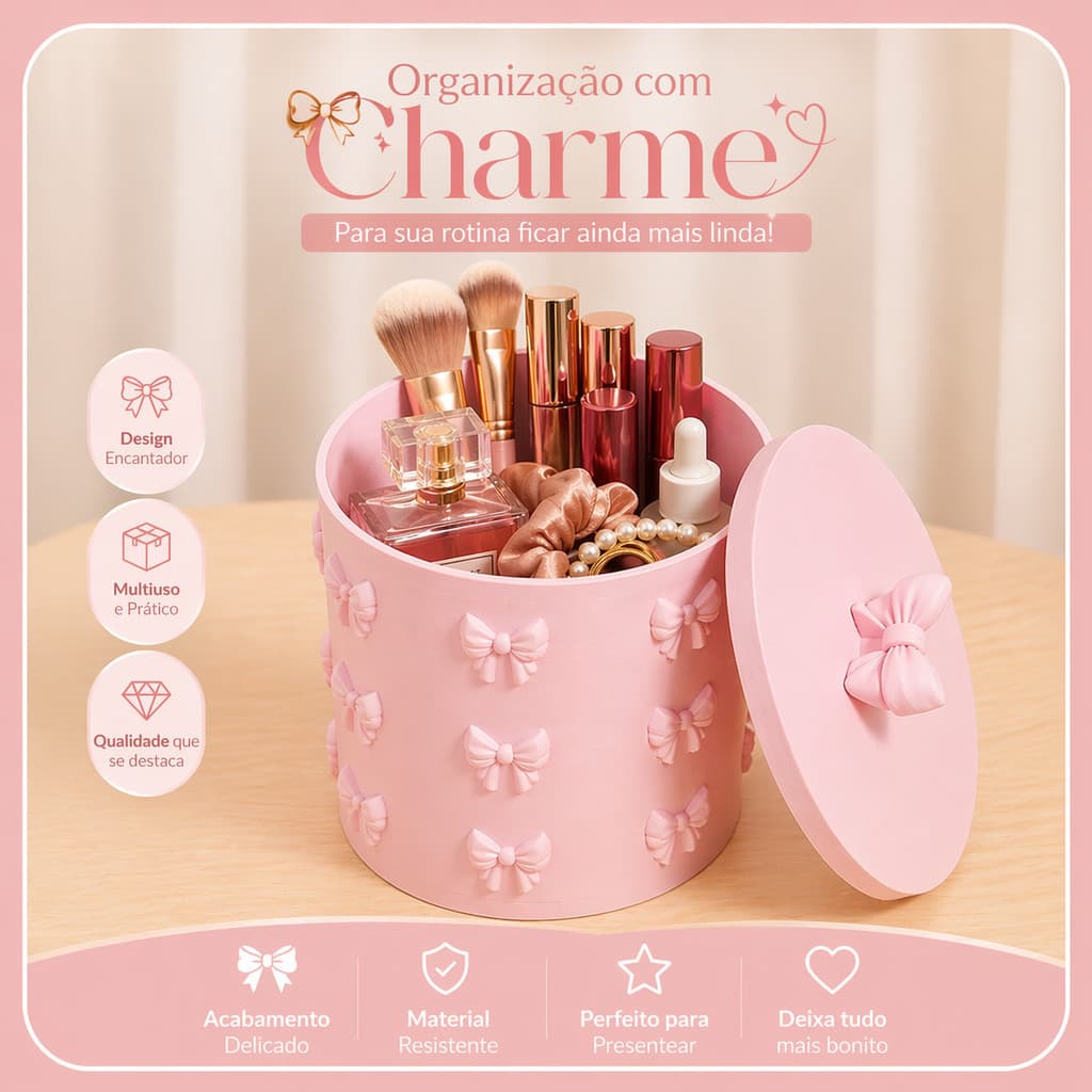 Porta-Objetos Rosa com Tampa – Organizador Decorativo com Laço | Compacto e Elegante