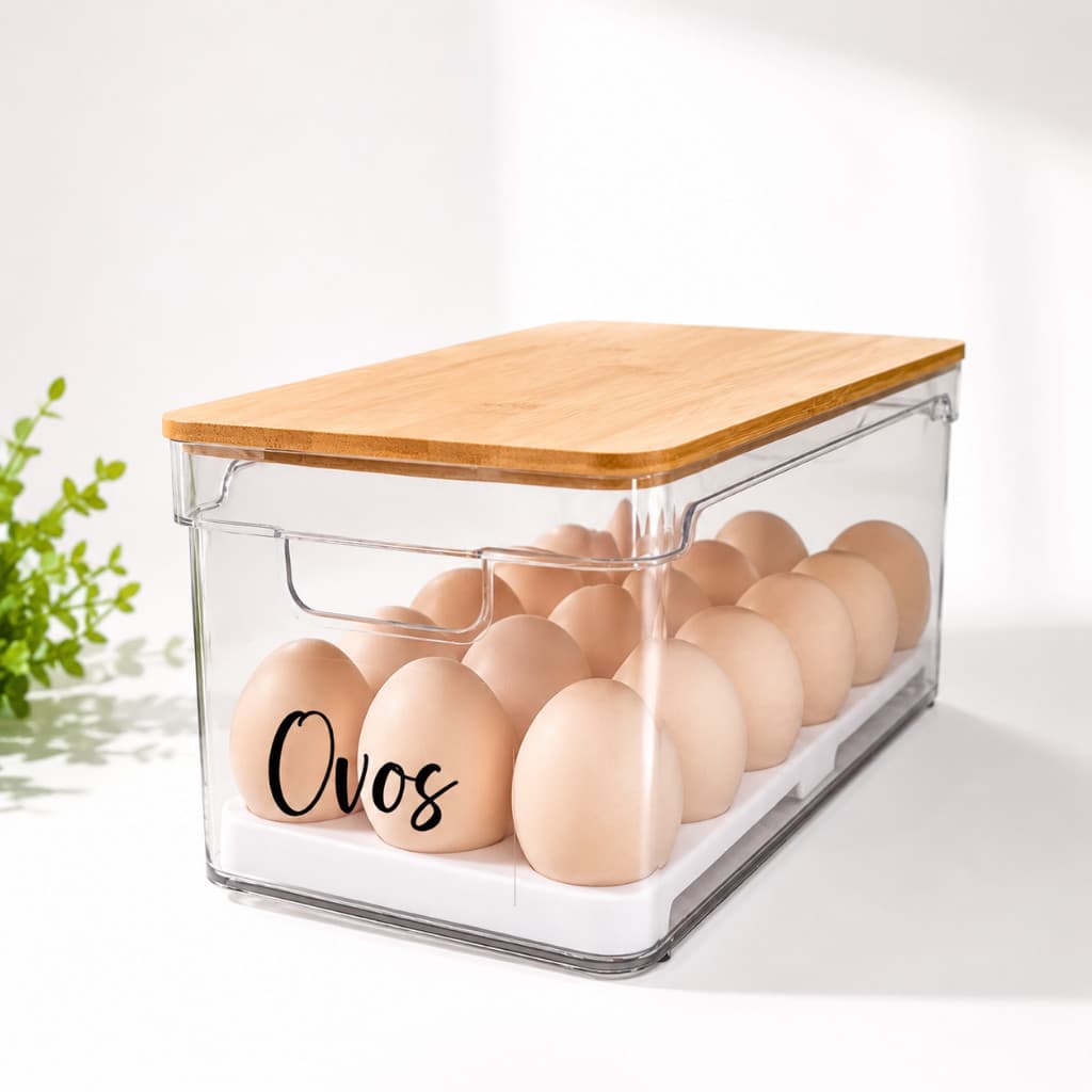 Organizador de Ovos 36 Ovos com Tampa de Bambu Porta Ovos Acrílico para Geladeira