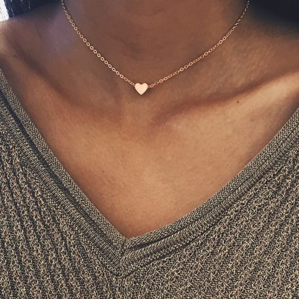 Colar de coração em aço inoxidável, corrente para clavícula feminina, não desbota, hipoalergênico.