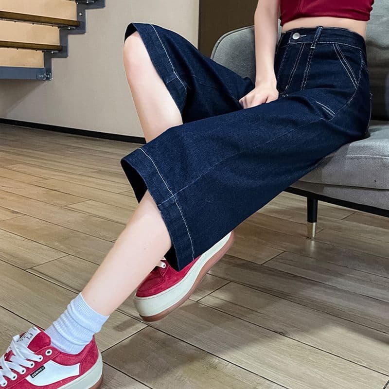 Calças de brim retas elásticas femininas cortadas 2026 verão fino novo estilo cintura alta cor escura Shorts cortados ca