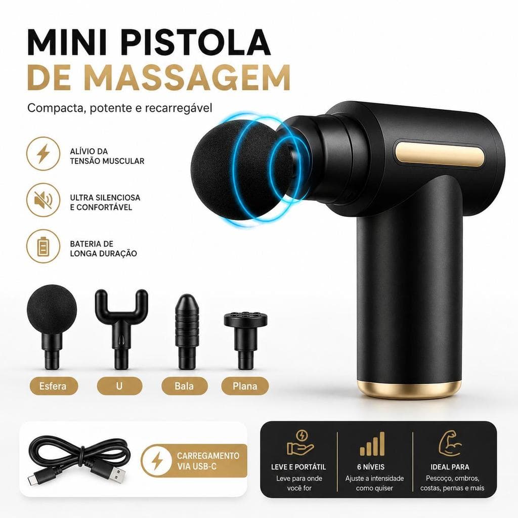 Mini Pistola de Massagem Recarregável USB-C: 6 Níveis, 4 Ponteiras para Relaxar Pescoço, Ombros, Costas e Pernas.
