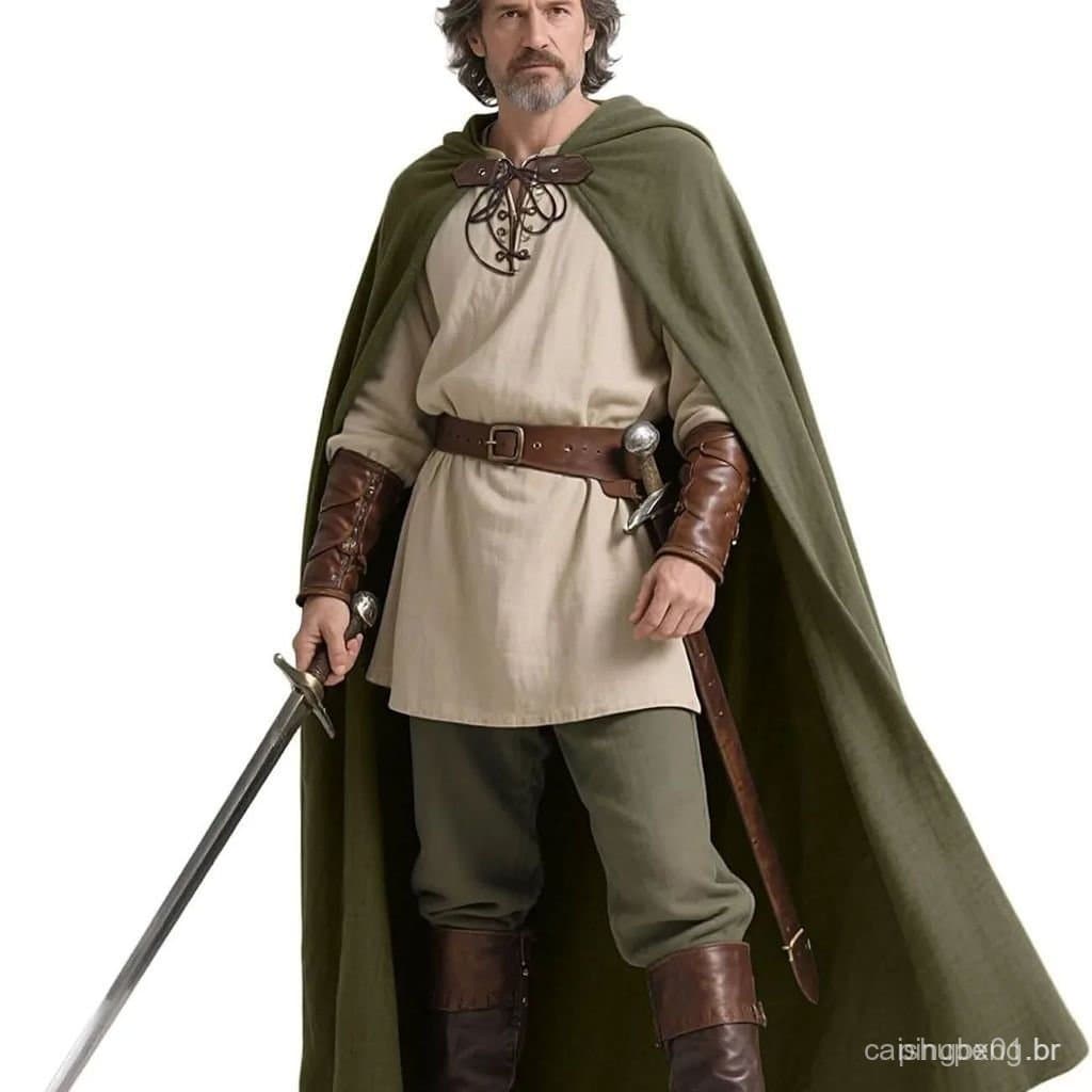 Manto de Linho Medieval para Homens, Túnica Longa de Viking para Adultos, Fantasia de Pirata com Capuz para Halloween J7